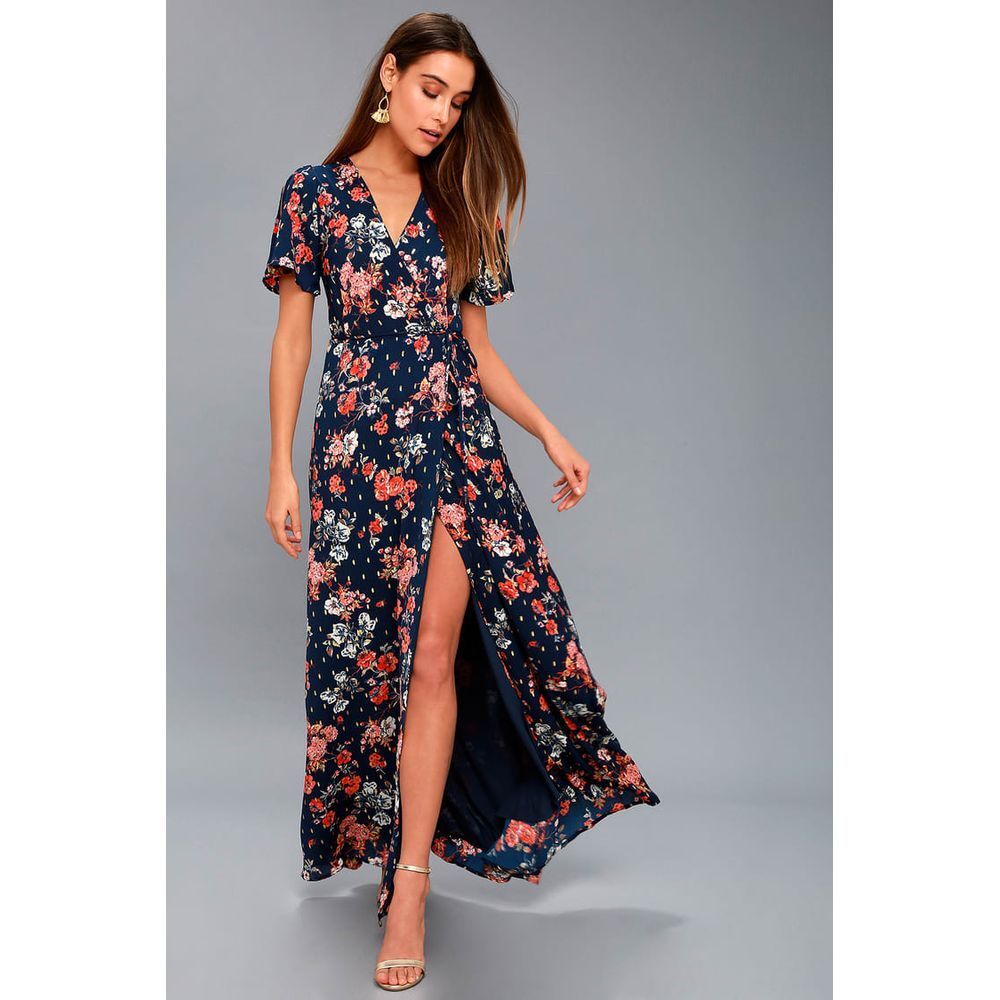 Lulu's Navy Floral Wrap Maxi Dress